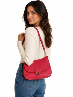 Lauren Ralph Lauren Red Leather Shoulder Bag with Turn-Lock Flap